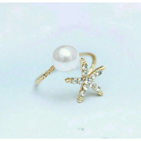 Adjustable Star Simulated Pearl Ring, Rhinestones - Picture 2 of 4